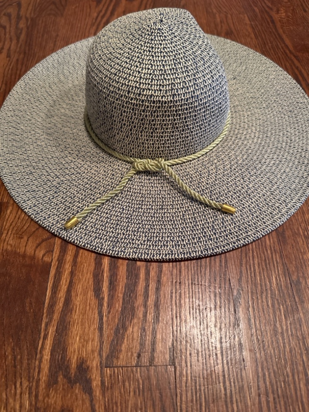Woven Wide-Brim Sun Hat with Braided Trim - Blue & White